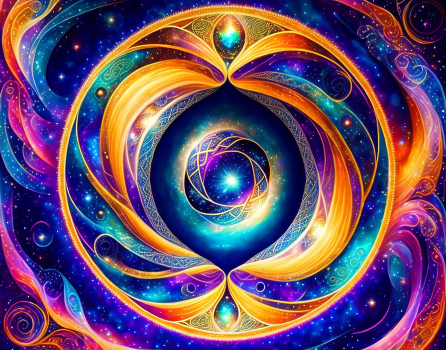 Colorful Psychedelic Digital Artwork with Swirl Motif and Galaxy Patterns