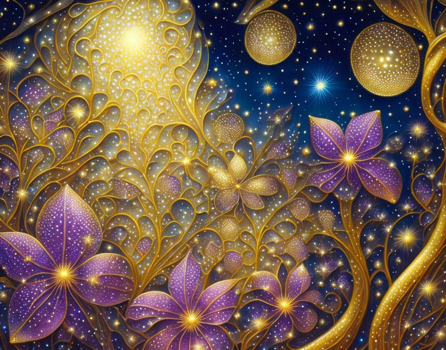 Glowing purple flowers and golden swirls in a whimsical digital artwork