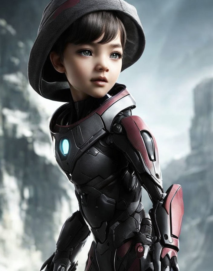 Child in cloche hat wearing futuristic suit in icy landscape