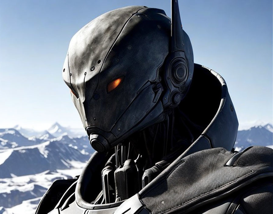 Futuristic helmet with glowing orange eye on snowy mountains