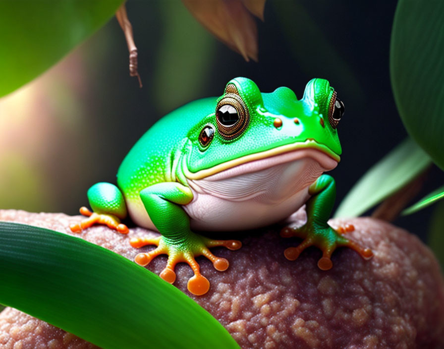 Vibrant green frog with orange feet in natural habitat.