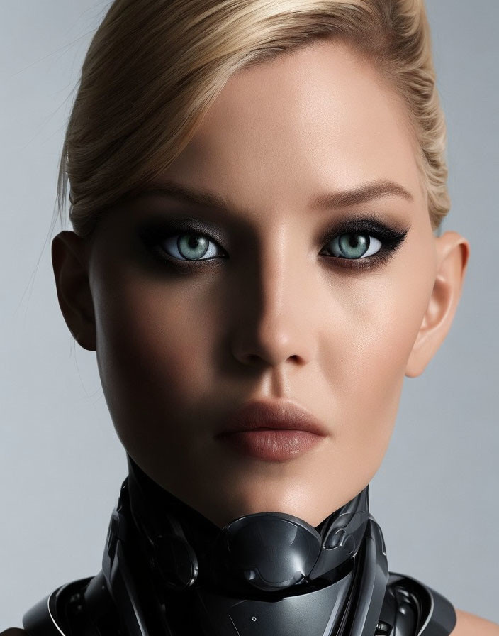 Female-Presenting Android Portrait with Blue Eyes and Dark Eyeliner