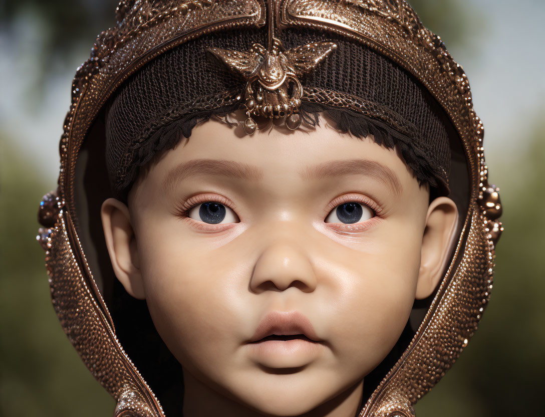 Child with expressive eyes wearing ornate eagle headpiece.