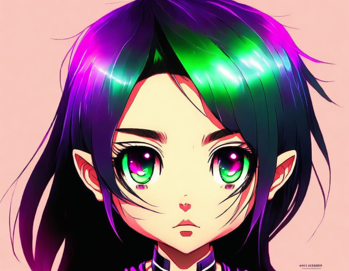 Colorful Anime-Style Character with Green Eyes and Multi-Colored Hair