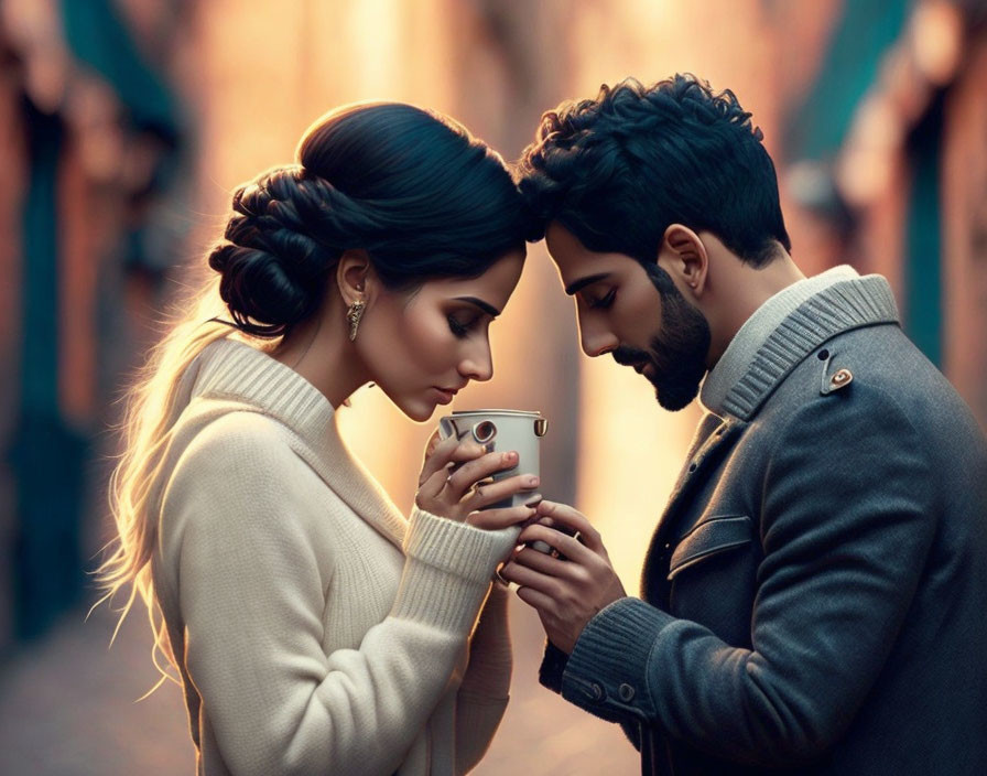 Intimate Couple Touching Foreheads with Cup