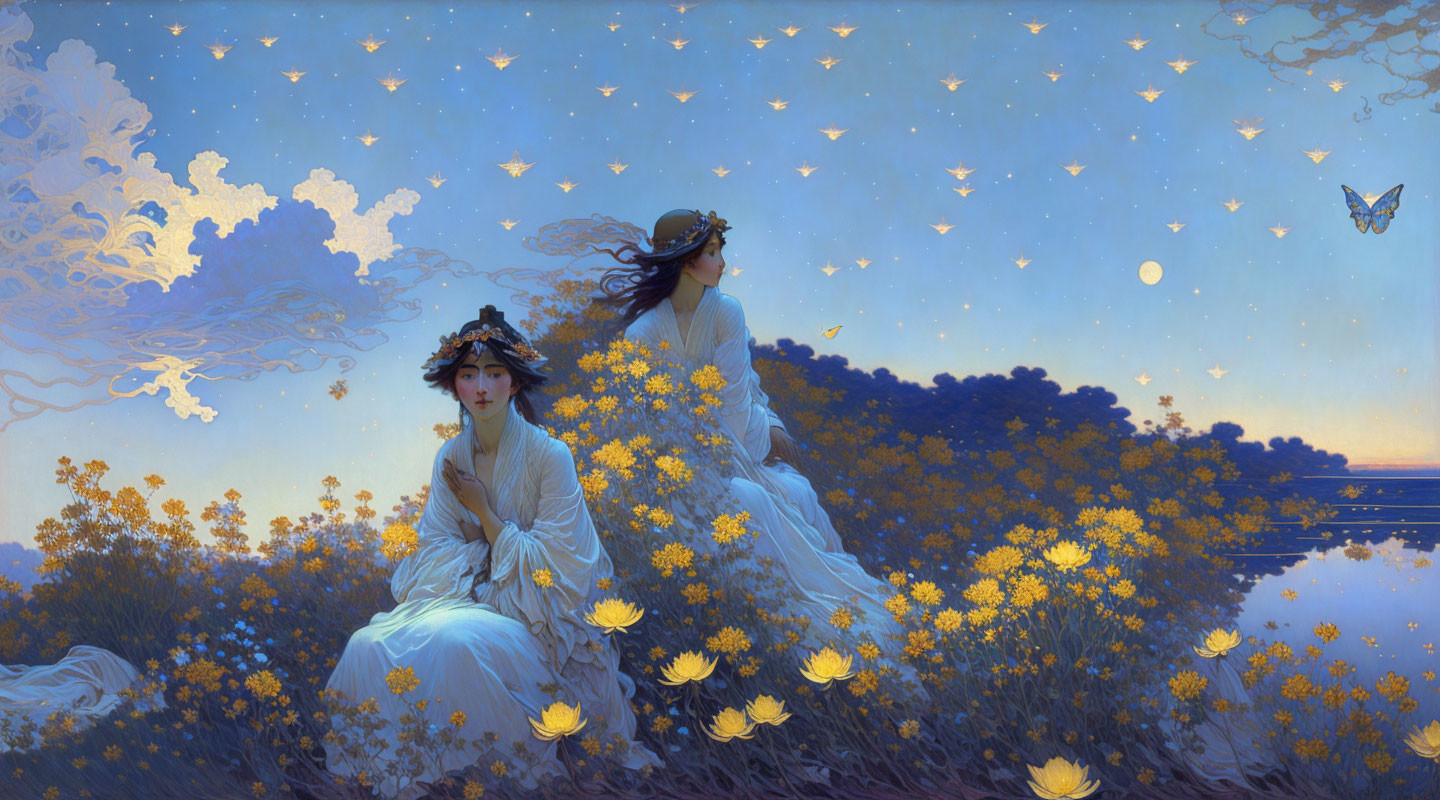 Ethereal women in white dresses among yellow flowers and twilight sky