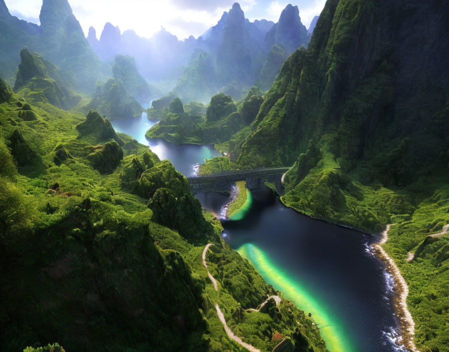 Scenic Valley with Greenery, River, Bridge, and Sunlight