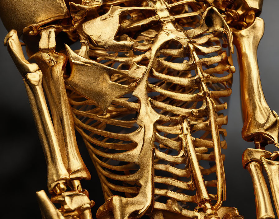 Detailed Close-Up of Golden Skeletal Structure with Ribs, Spine, and Arm Bones