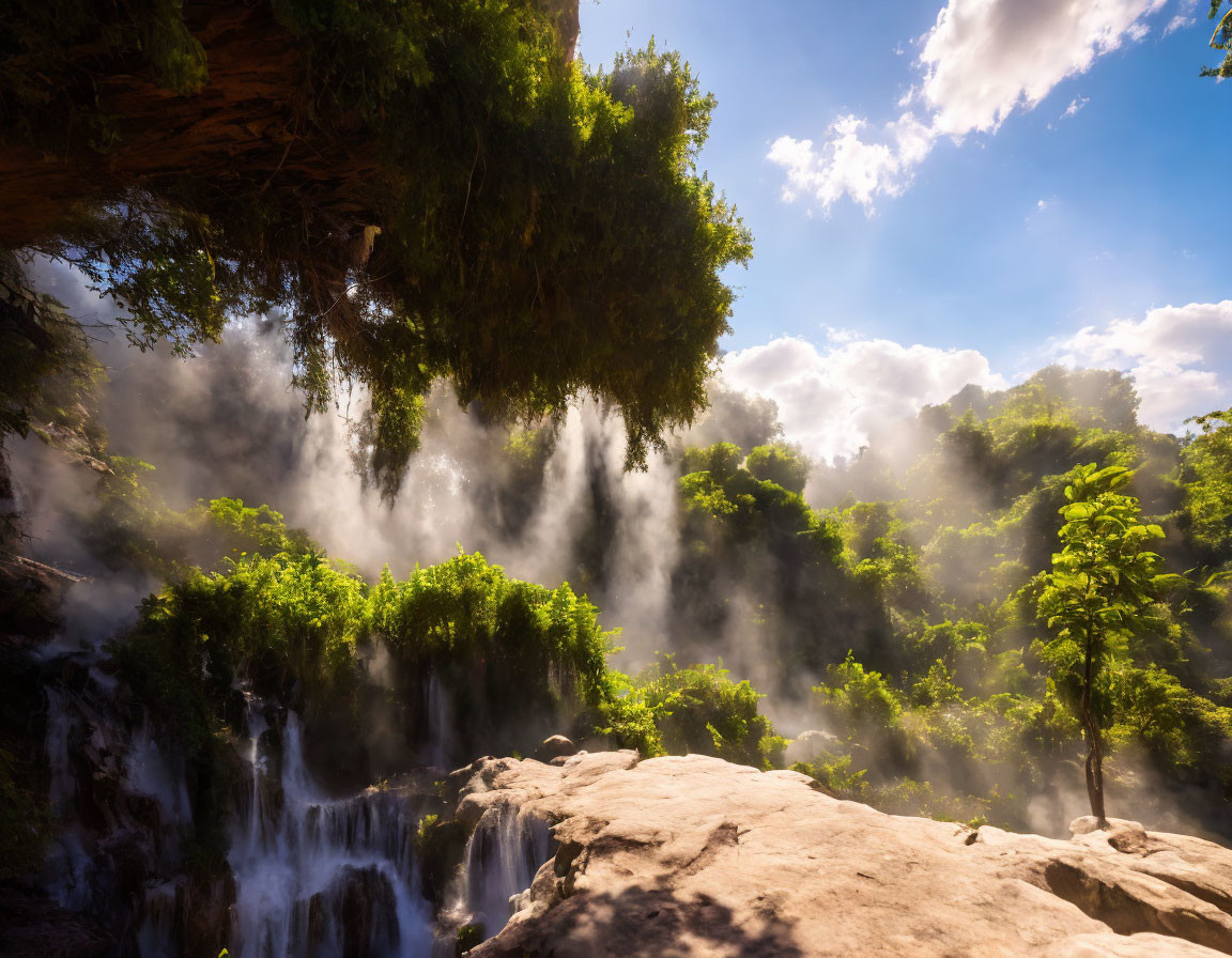 Tranquil waterfall in mist with lush greenery under blue sky