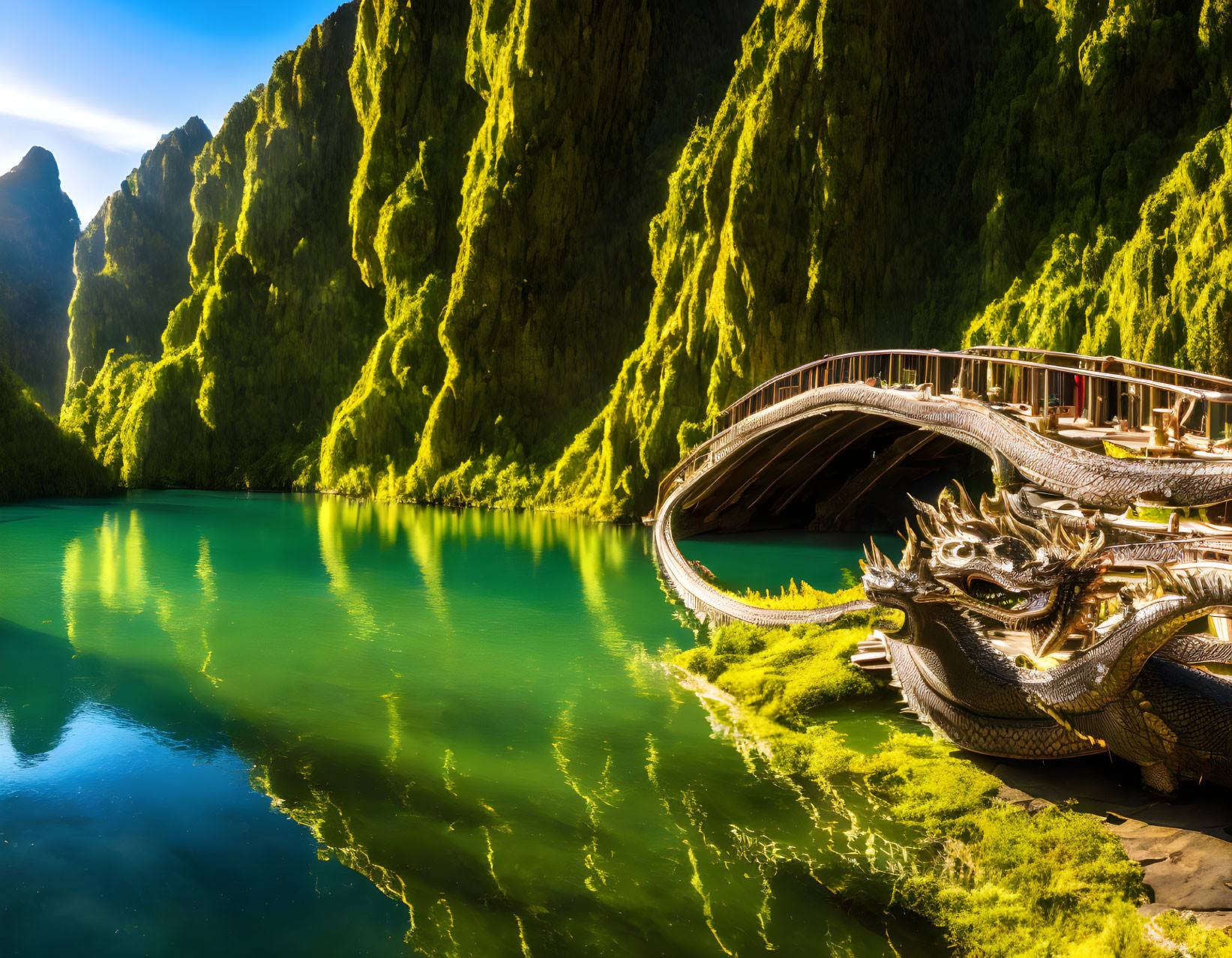 Dragon-shaped bridge over serene lake amidst lush green cliffs in sunlight