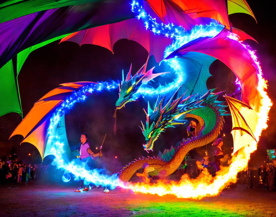 Colorful neon-lit dragon sculpture breathing fire at night with a controller in a crowd