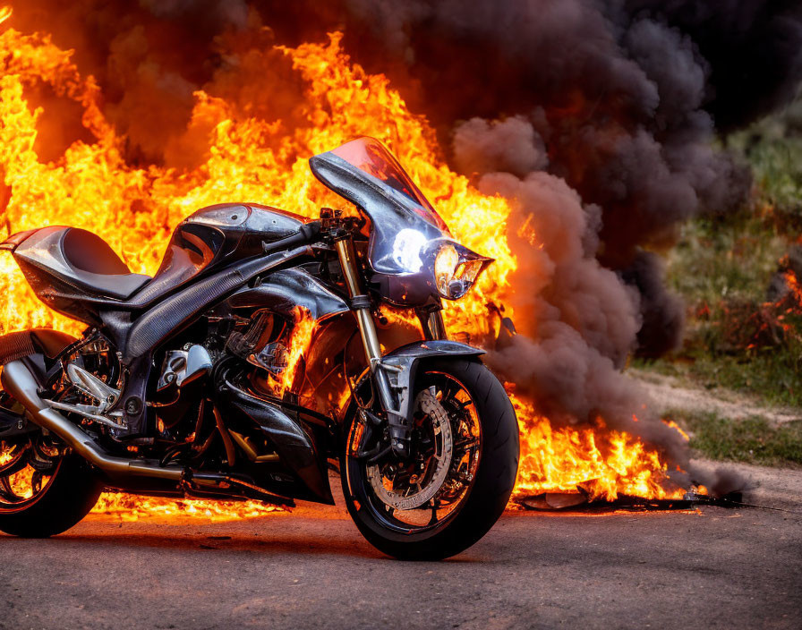 Black motorcycle parked in front of blazing fire and thick smoke silhouette.