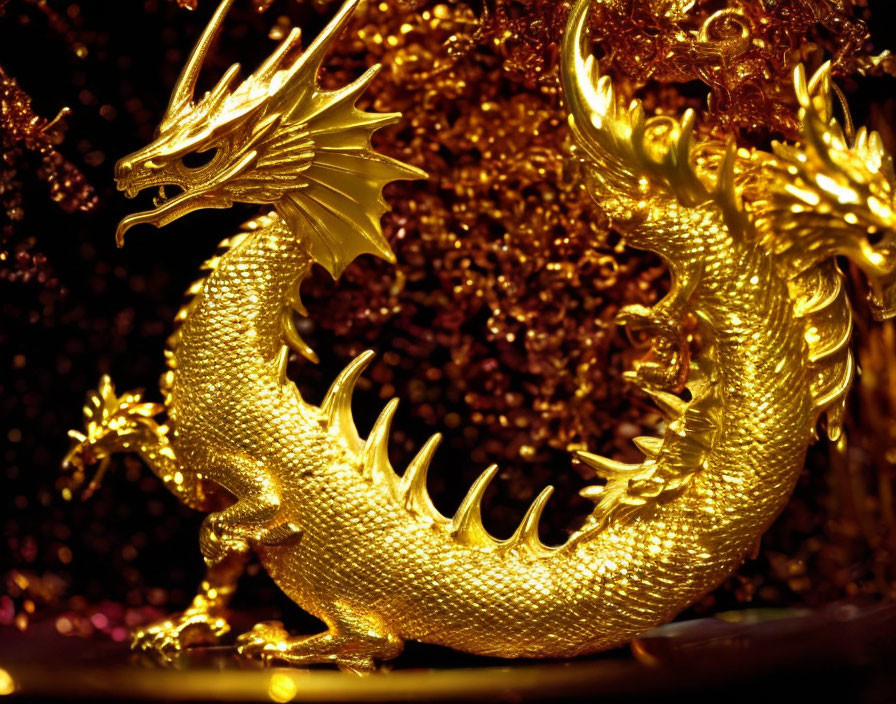 Intricate Golden Dragon Figurine on Shimmering Background