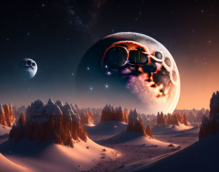 Snow-covered hills, pine forests, and fantastical celestial bodies in surreal landscape