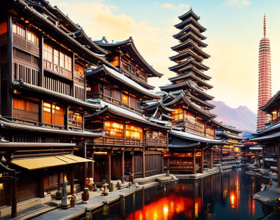 Scenic Japanese Village with Wooden Buildings and Pagoda at Sunset