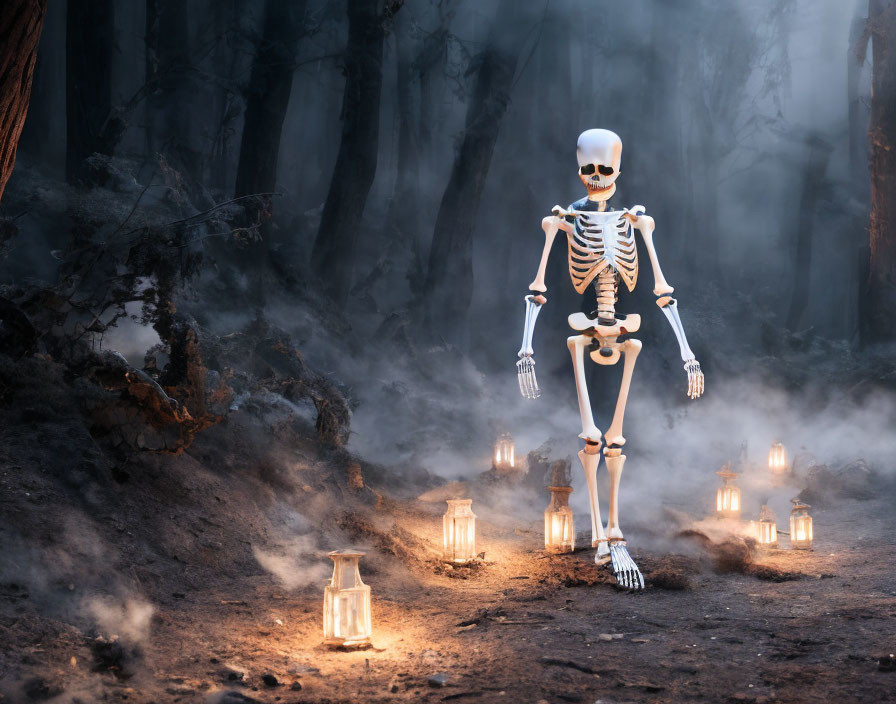 Spooky skeleton in misty forest with lit lanterns