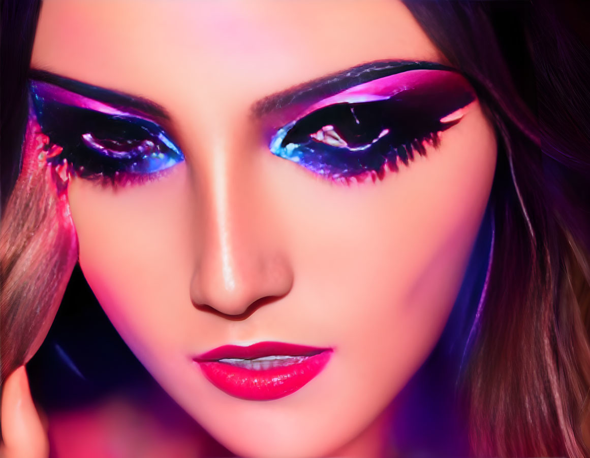 Close-up of woman with vibrant pink and purple makeup and bold eyeliner under colorful lighting