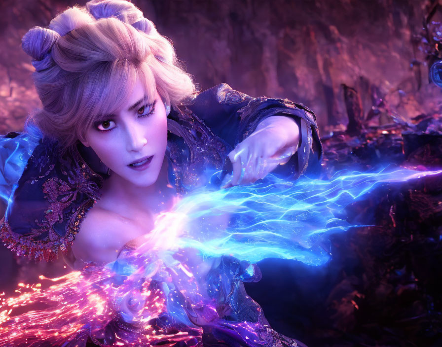 Fantasy-themed image of woman casting spell with blue magical energy.