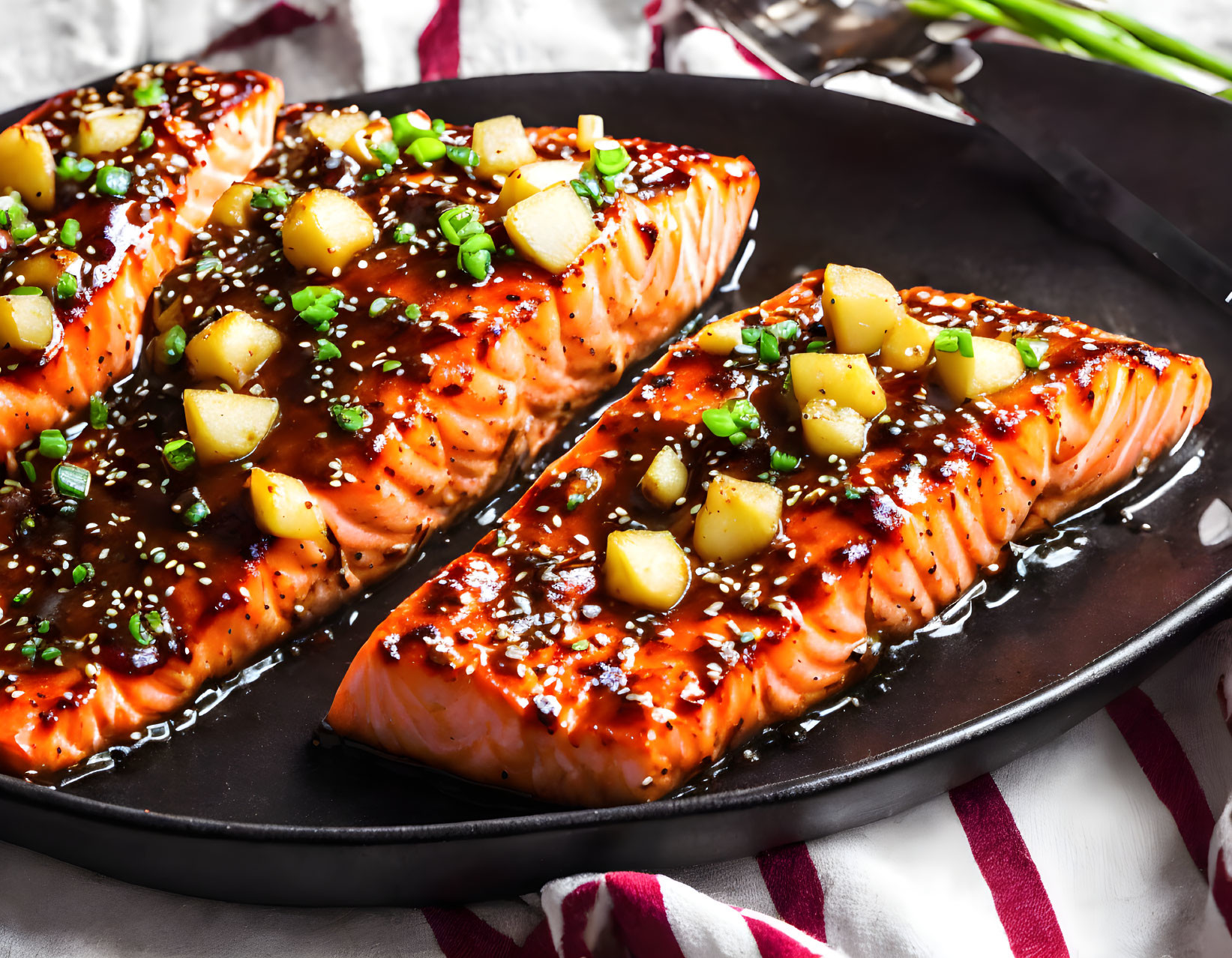 Glazed salmon fillets with sesame seeds and herbs on black plate