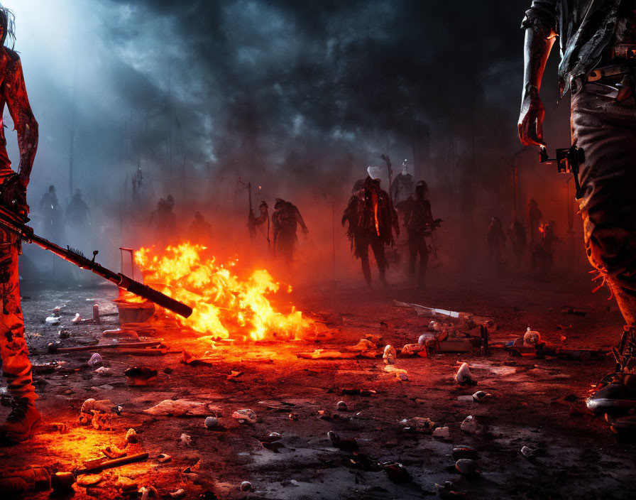 Post-apocalyptic scene with survivors, flames, bones, and haze-filled backdrop.