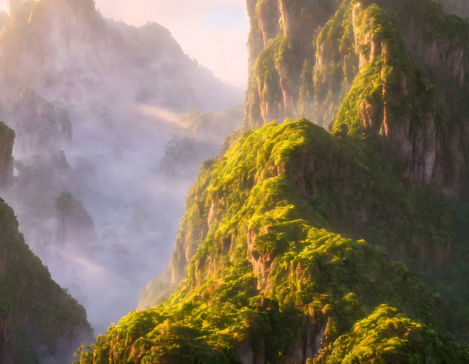 Mystical landscape of lush green mountaintops in glowing light