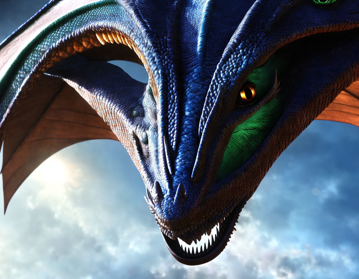 CGI Blue Dragon with Green Underbelly and Orange Eyes in Cloudy Sky