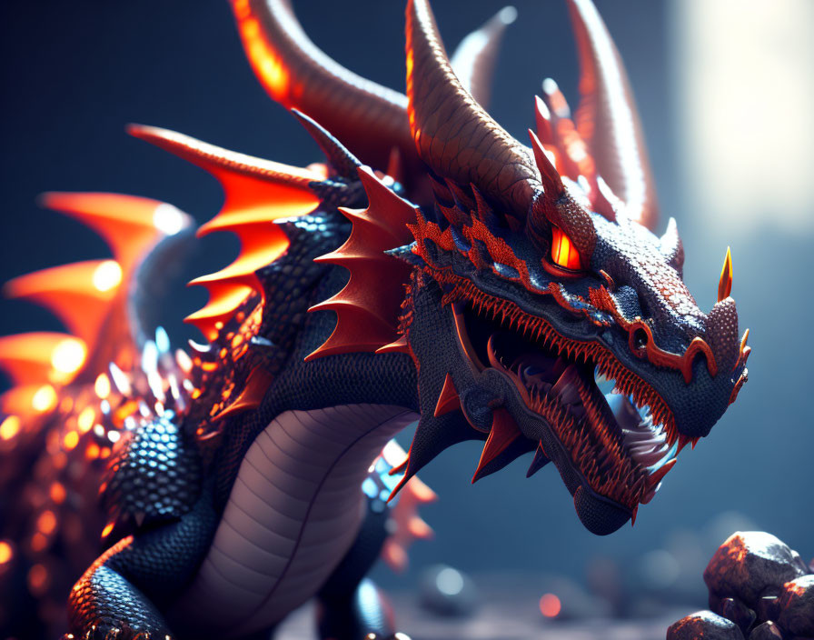 Majestic dragon with orange eyes and fiery spikes on dim background