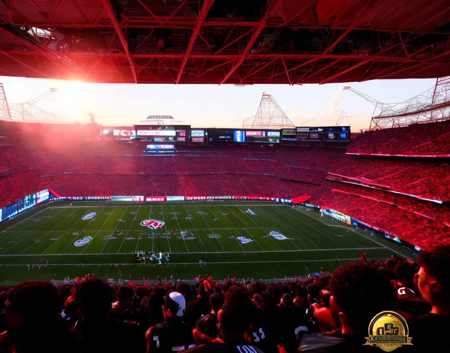 Vibrant red twilight sky over crowded football stadium