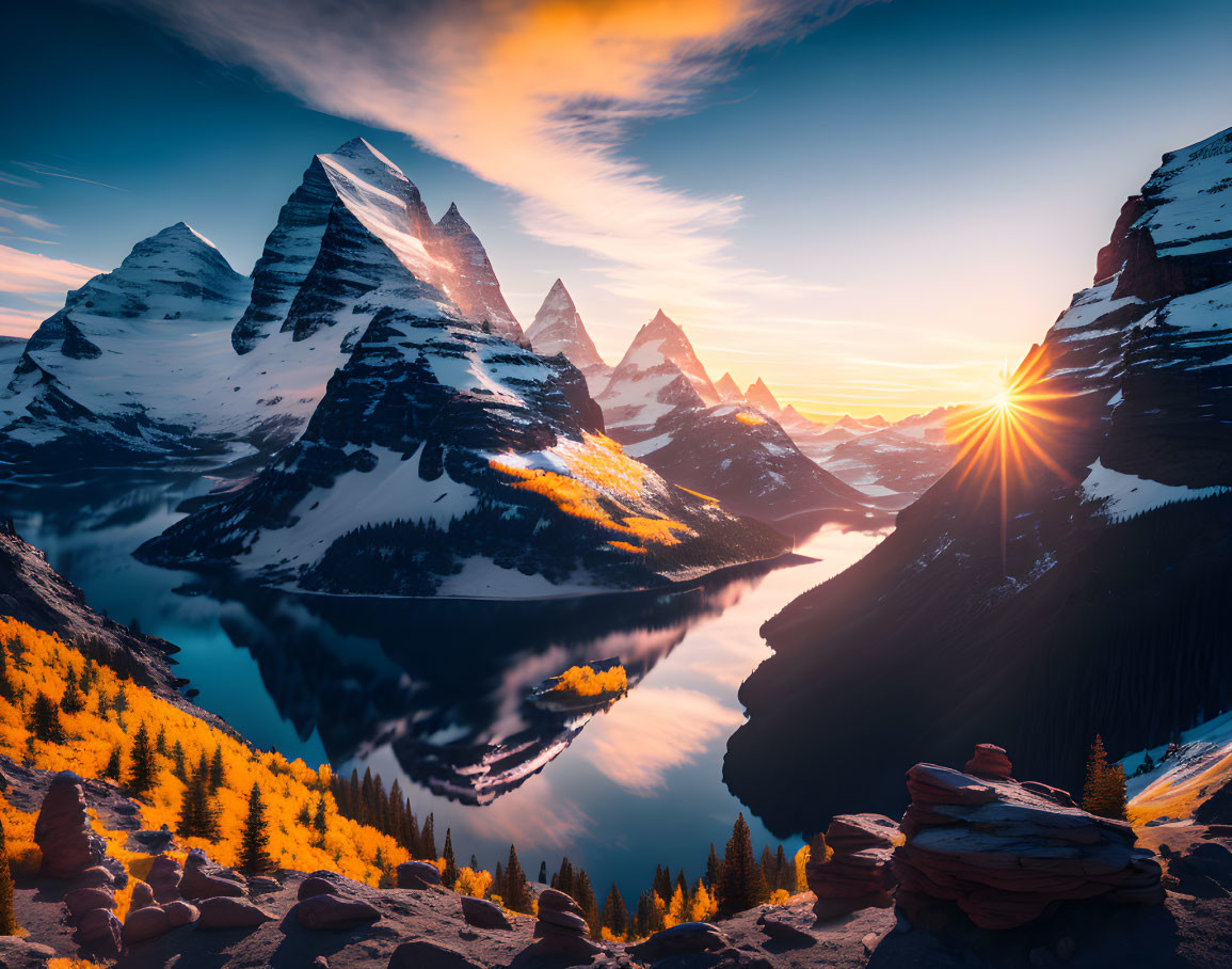 Snow-capped peaks and blue lake in serene mountain landscape