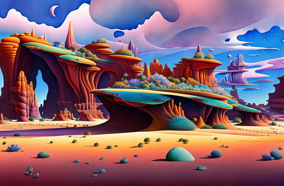 Colorful surreal landscape with whimsical rock formations and floating islands