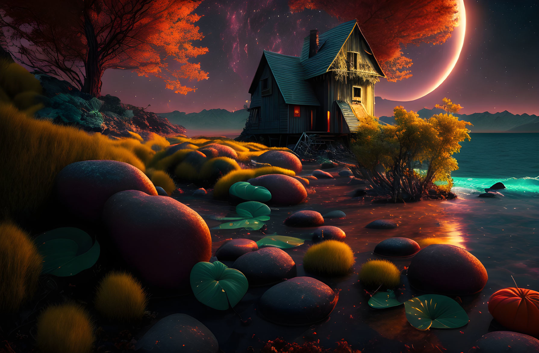 Mystical night scene: quaint house by the sea under crescent moon