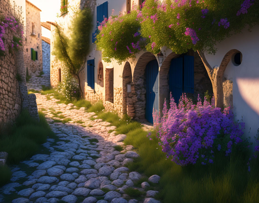 Traditional white houses with purple flowers on stone-paved street