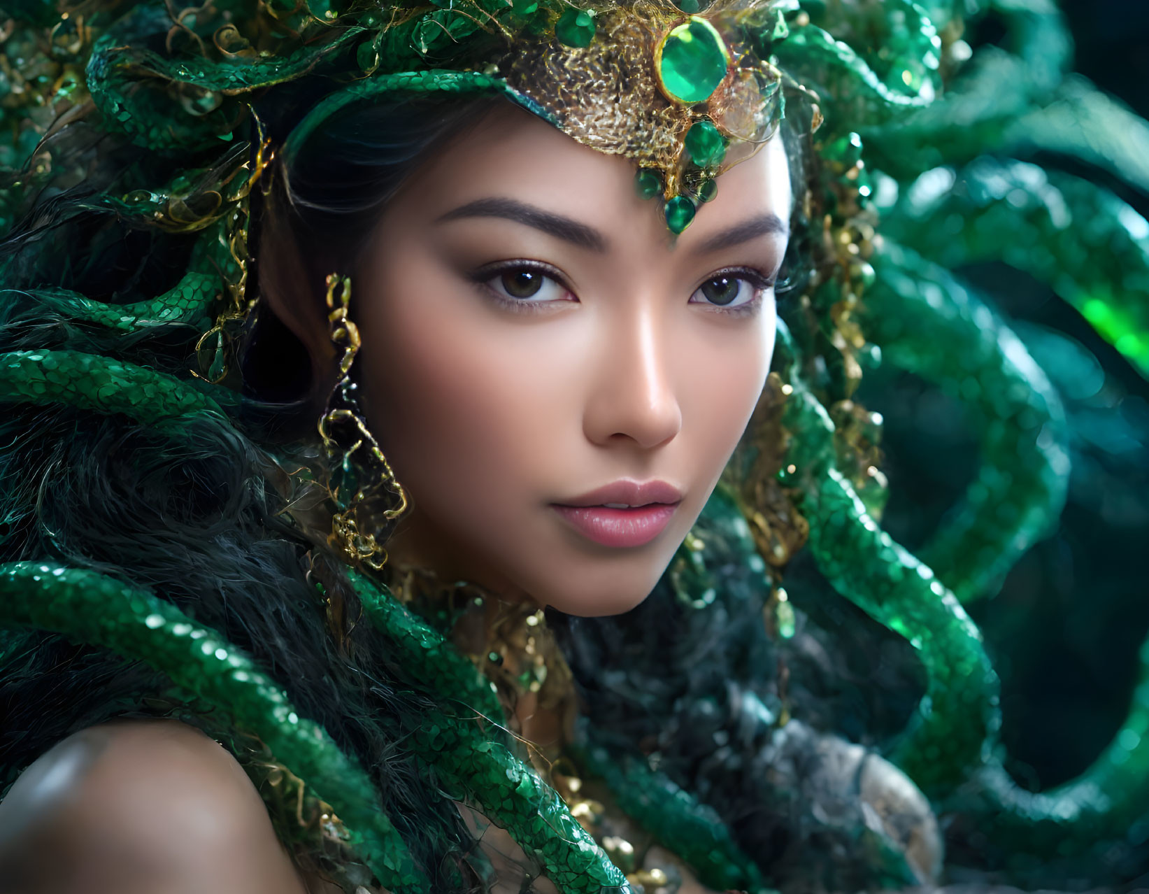 Woman with green and gold Medusa-like headpiece and serpentine shapes gazes at camera