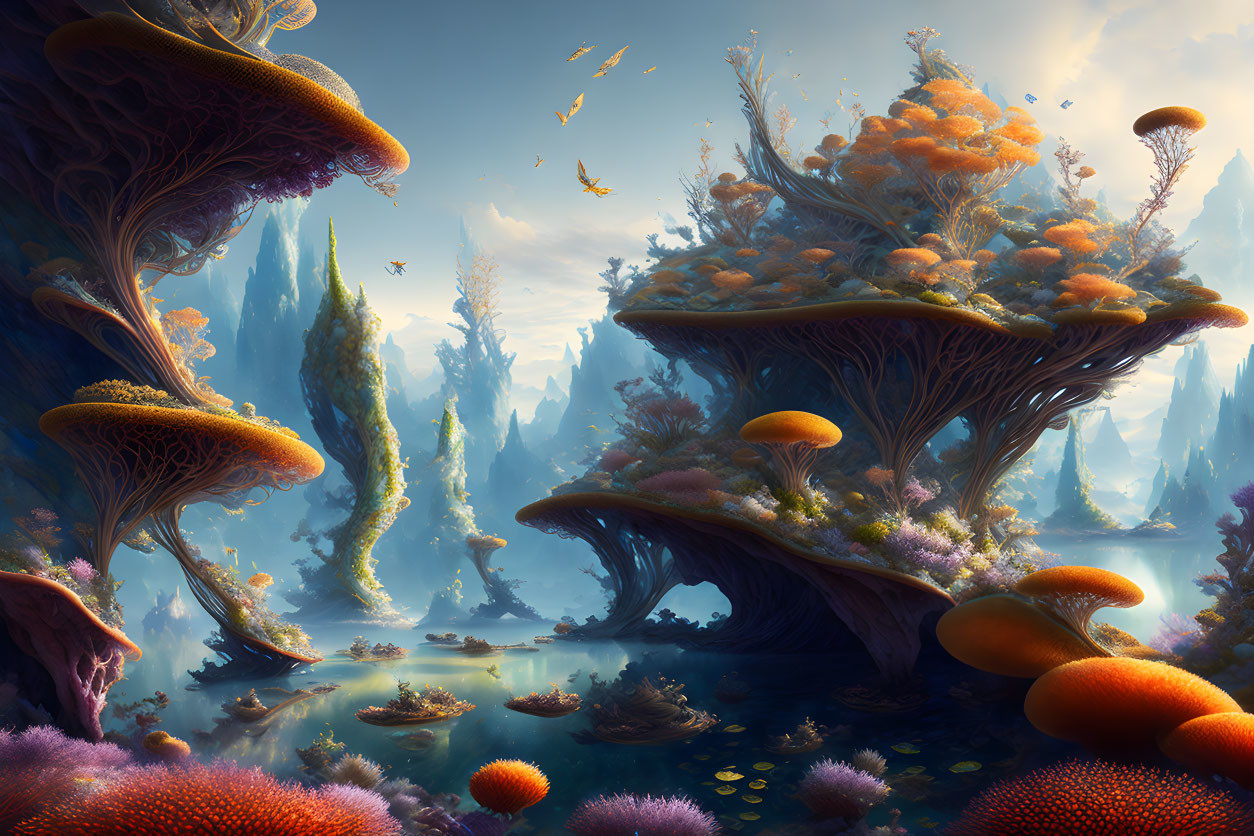 Fantastical landscape with vibrant colors and floating elements