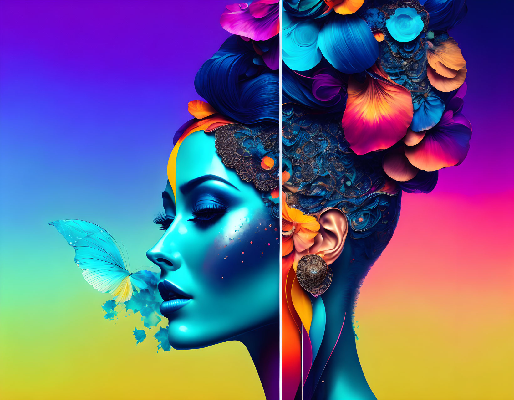 Colorful digital artwork: Woman's profile split in two with flowers and butterfly on one side, against