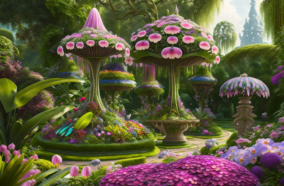 Fantasy Garden Featuring Oversized Pink Mushroom Structures and Hidden Butterfly