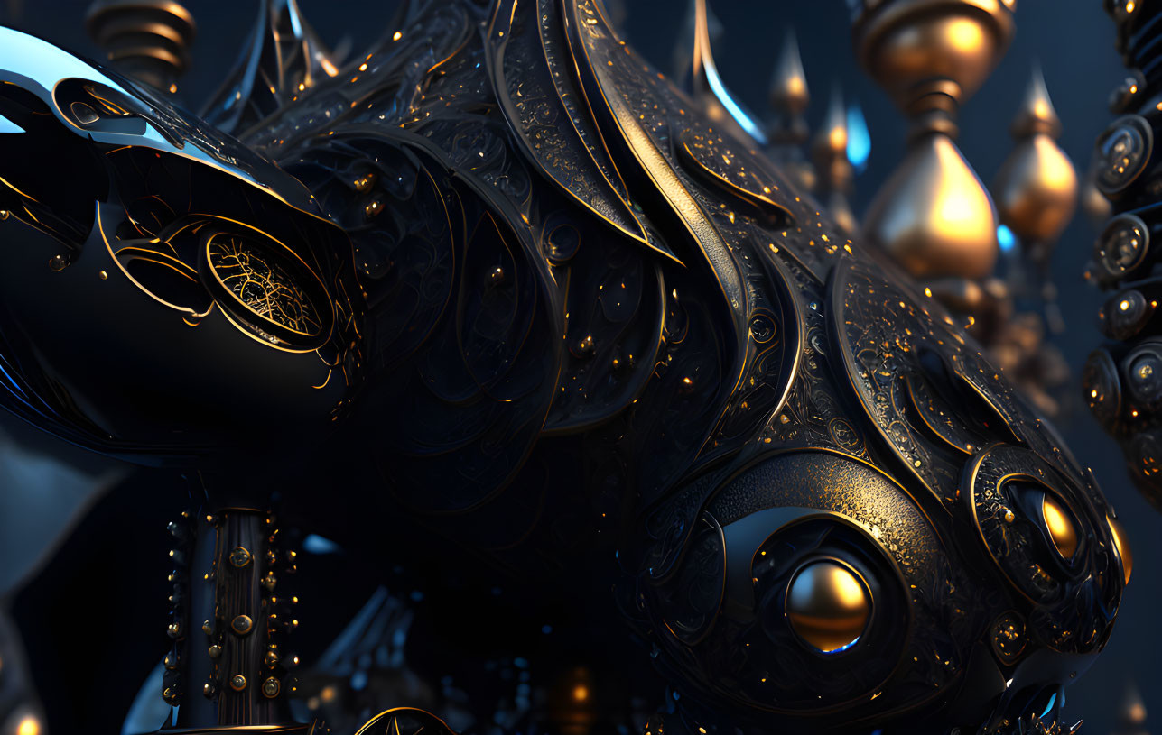 Detailed Black and Gold Mechanical Structure with Spherical Elements