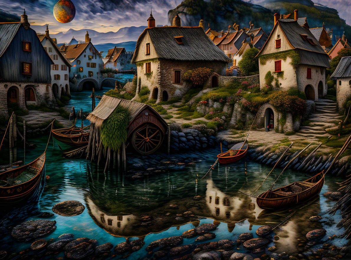 Medieval village at twilight with traditional boats and surreal planet.