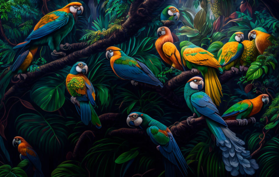 Colorful Macaws Perched in Lush Jungle Setting