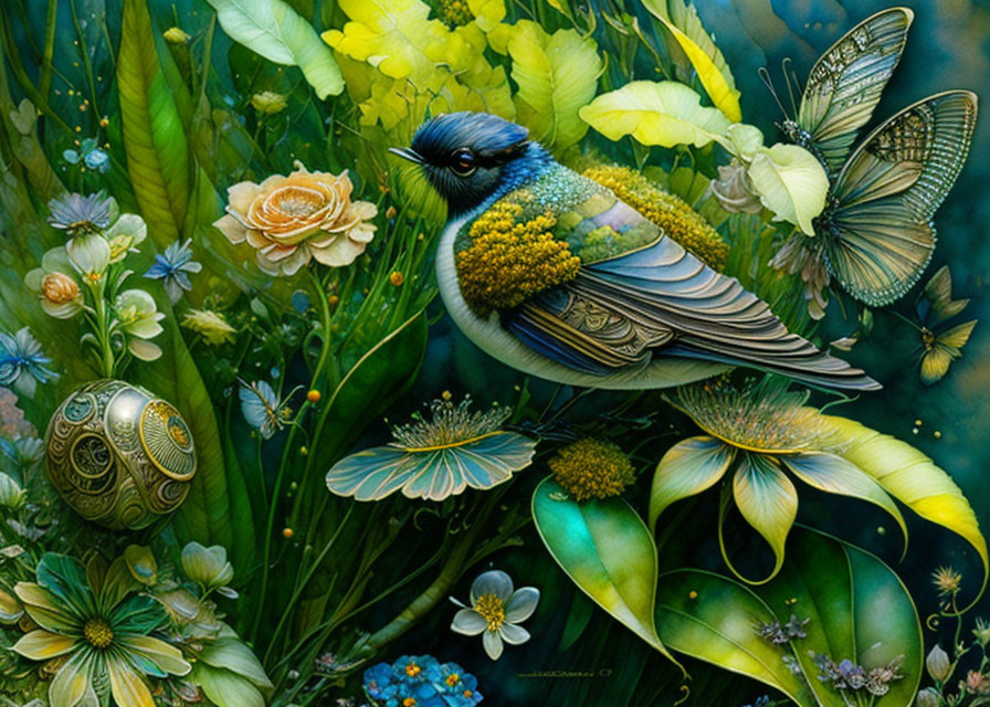 Colorful artwork of bird in lush flora with butterflies and decorative egg