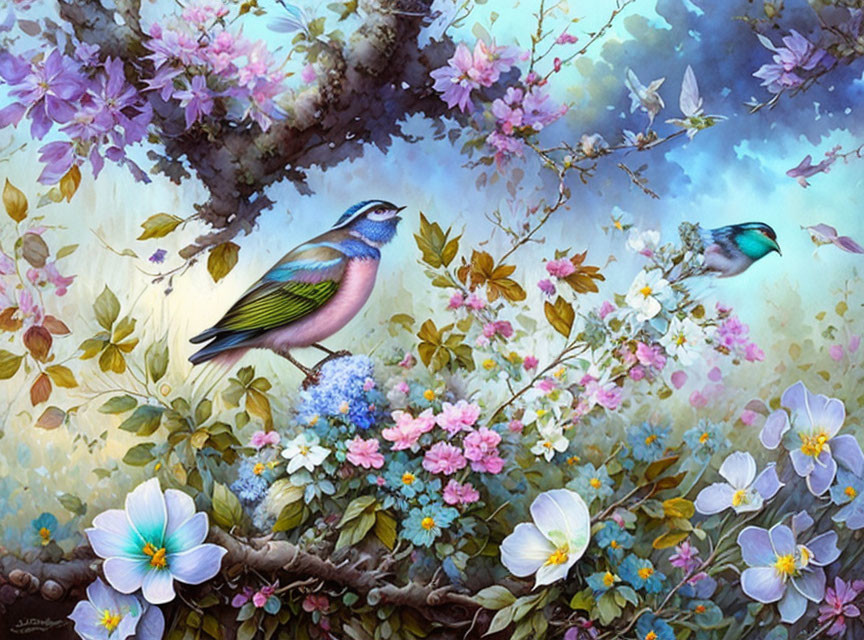 Colorful painting of birds in blossoming tree landscape