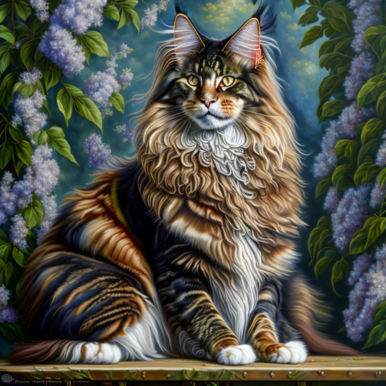 Long-Haired Tabby Cat Among Purple Flowers: Majestic and Regal Pose