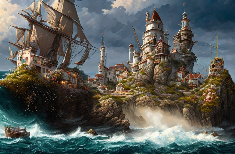 Tall ship near coastal fantasy village with ornate towers and lighthouse