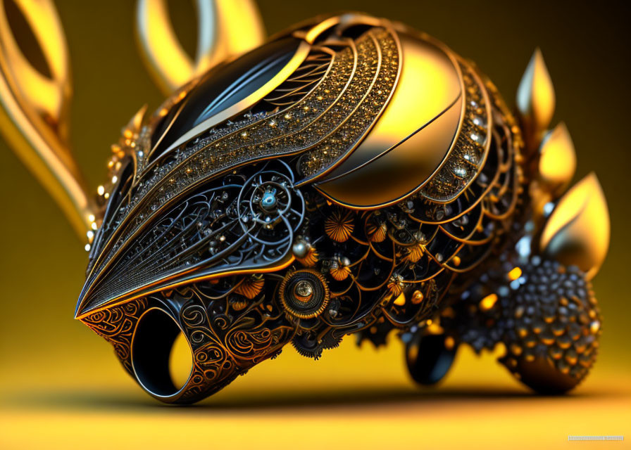 Intricate Metallic Rabbit Sculpture on Yellow Background