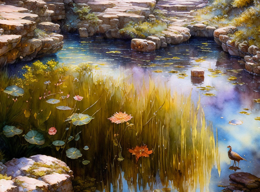 Tranquil creek watercolor painting with lily pads and bird