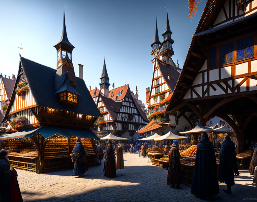 Medieval market square with timber-framed buildings and clock tower