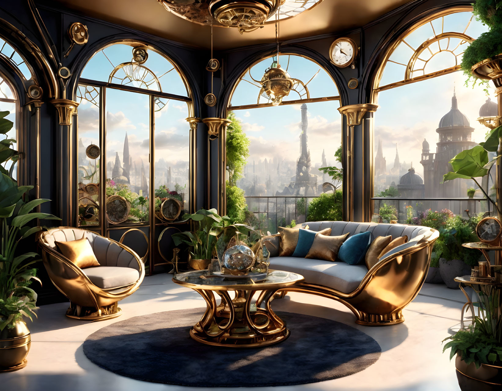 Luxurious room with gold furniture, panoramic city view, and green plants