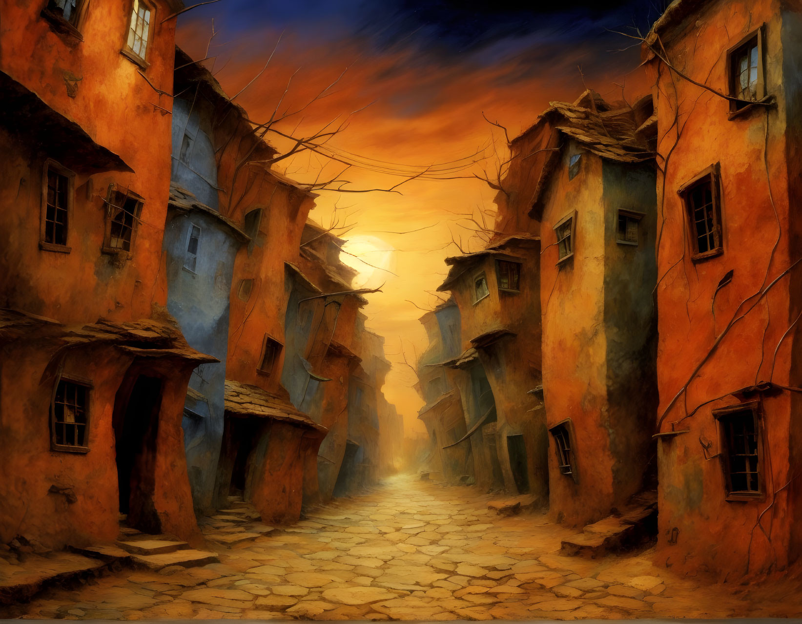 Old Cobblestone Street with Tilting Orange Buildings at Sunset