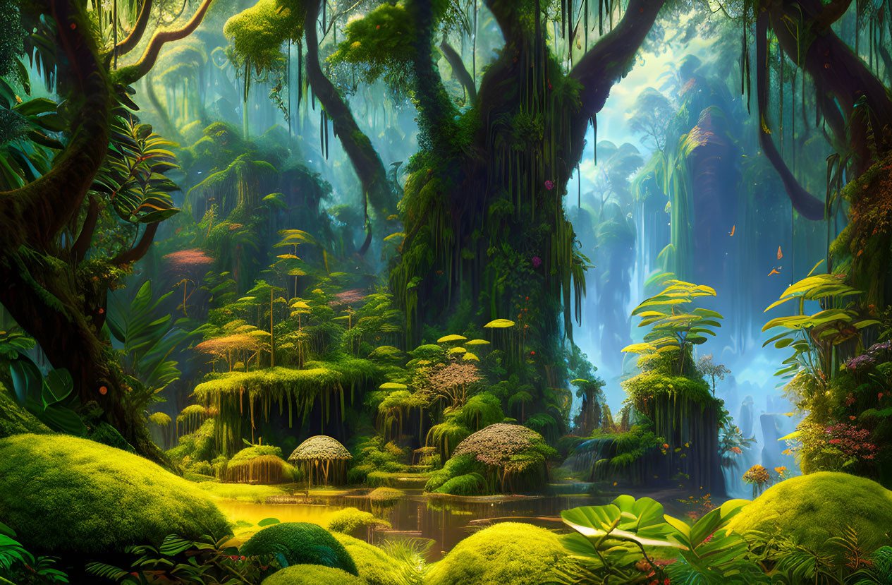 Mystical forest with towering trees, serene river, and misty ambiance