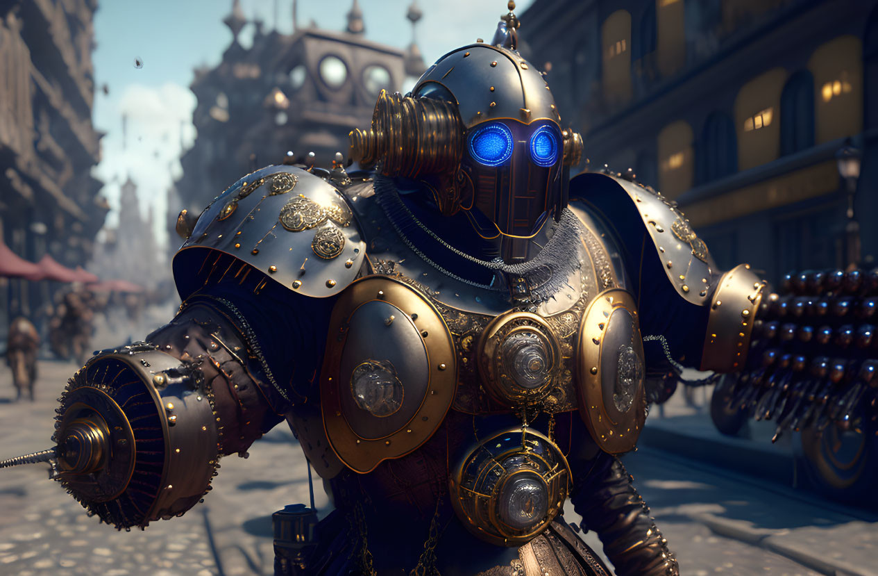 Detailed Golden Steampunk Robot with Blue Glowing Eyes in City Setting